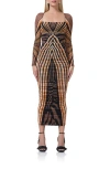 Afrm Maggie Ruched Long Sleeve Body-con Midi Dress In Caramel Animal