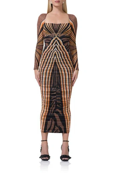 Afrm Maggie Ruched Long Sleeve Body-con Midi Dress In Caramel Animal