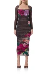 Afrm Maggie Ruched Long Sleeve Body-con Midi Dress In Snake Floral