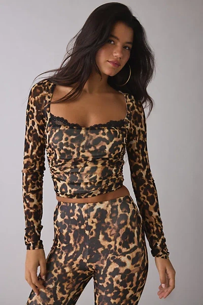 Afrm Marcello Animal Print Mesh Long Sleeve Top In Winter Animal, Women's At Urban Outfitters