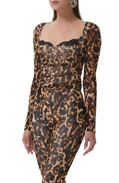Afrm Marcello Peekaboo Lace Trim Mesh Top In Animal Print