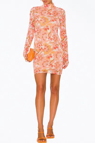 Afrm Mari Power Mesh Turtleneck Mini Dress In Vintage Coral Floral In Pink