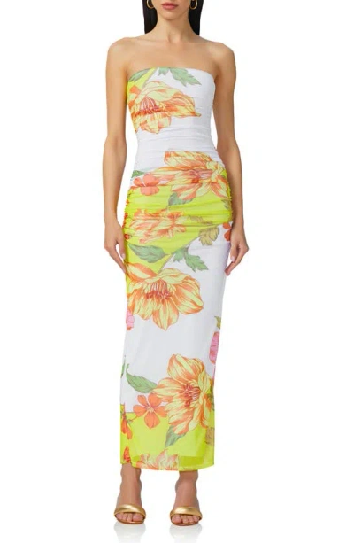 Afrm Marlo Ruched Strapless Dress In Colour Block Floral
