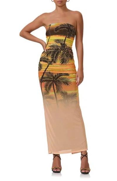 Afrm Marlo Strapless Mesh Maxi Dress In Sunrise Palms