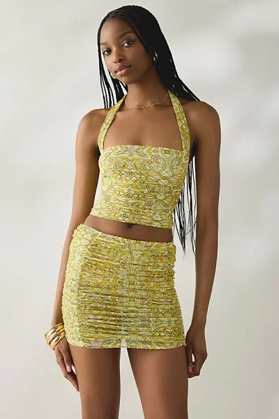 Afrm Martina Sunlight Tile Semi-sheer Mesh Ruched Mini Skirt In Sunlight Tile, Women's At Urban Outfitter In Yellow