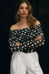 Afrm Maxine Polka Dot Off The Shoulder Bodysuit In Black