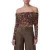 Afrm Maxine Ruched Off The Shoulder Mesh Bodysuit In Cocoa Leopard