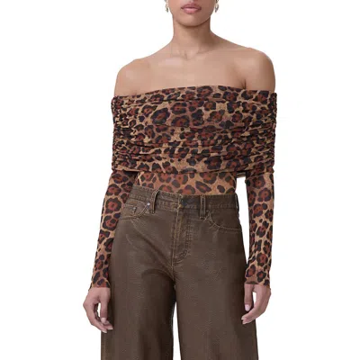Afrm Maxine Ruched Off The Shoulder Mesh Bodysuit In Cocoa Leopard