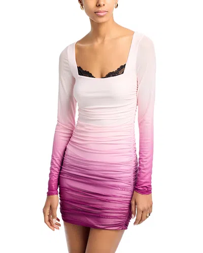 Afrm Maygel Ruched Mesh Lace Trim Mini Dress In Pink