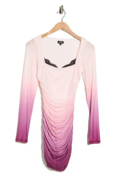 Afrm Maygel Peekaboo Lace Trim Long Sleeve Mesh Minidress In Mauve Ombre