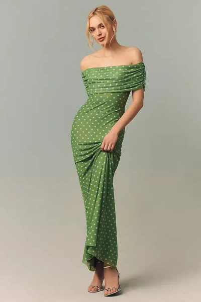 Afrm Mccall Off-the-shoulder Stretch Mesh Maxi Dress In Green
