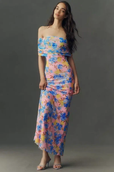 Afrm Mccall Off-the-shoulder Stretch Mesh Maxi Dress In Blue