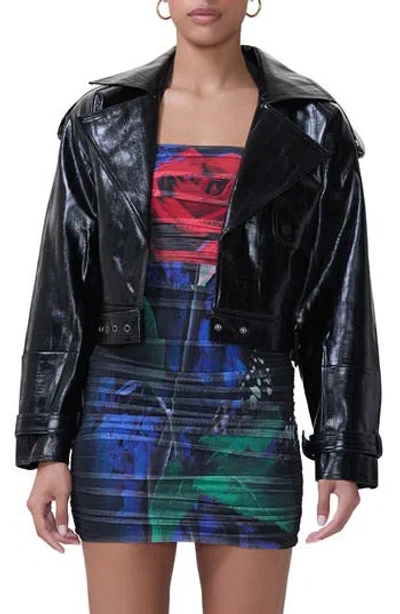 Afrm Mercer Snake Embossed Faux Leather Moto Jacket In Black Eel