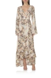 Afrm Mimi Snakeskin Print Long Sleeve Ruffle Maxi Dress In Shine Snake