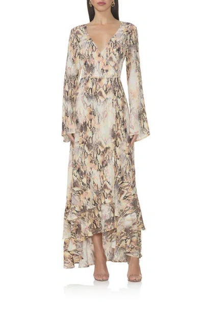 Afrm Mimi Snakeskin Print Long Sleeve Ruffle Maxi Dress In Shine Snake
