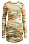 Afrm Mirza Abstract Print Long Sleeve Mesh Minidress In Brown