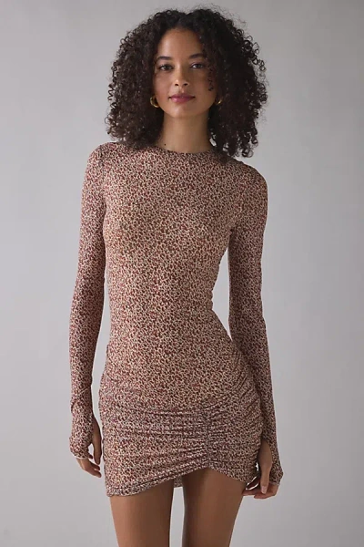 Afrm Mirza Long Sleeve Ruched Asymmetric Mesh Mini Dress In Ditsy Animal Print, Women's At Urban Outfitte In Brown