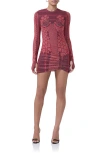 Afrm Mirza Print Long Sleeve Mesh Minidress In Rouge Gilded Rose