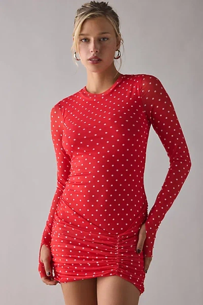 Afrm Mirza Risky Micro Dot Long Sleeve Ruched Mesh Mini Dress In Risky Micro Dot, Women's At Urban Outfit In Red