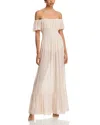 Afrm Monero Printed Off The Shoulder Maxi Dress In Coral Micro Dot