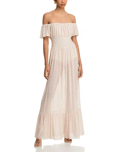 Afrm Monero Printed Off The Shoulder Maxi Dress In Coral Micro Dot