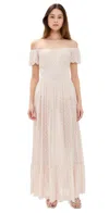 Afrm Monero Printed Off The Shoulder Maxi Dress In Coral Micro Dot