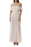 Afrm Monero Printed Off The Shoulder Maxi Dress In Coral Micro Dot