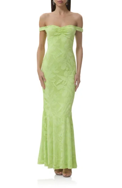 Afrm Morgan Floral Mesh Off The Shoulder Dress In Green