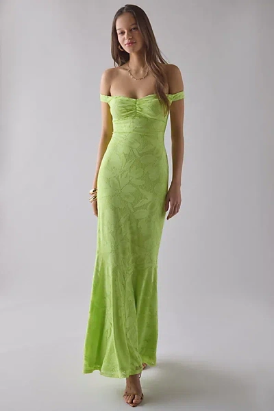 Afrm Morgan Lace Off-the-shoulder Maxi Dress In Lime, Women's At Urban Outfitters In Green