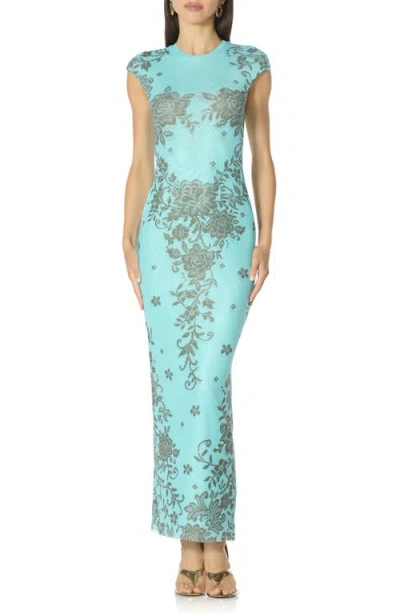 Afrm Mylo Print Mesh Maxi Dress In Blue