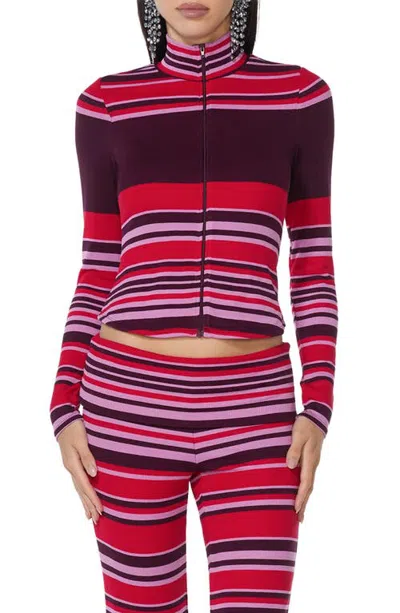 Afrm Navarro Full Zip Striped Rib Mock Neck Top In Multi