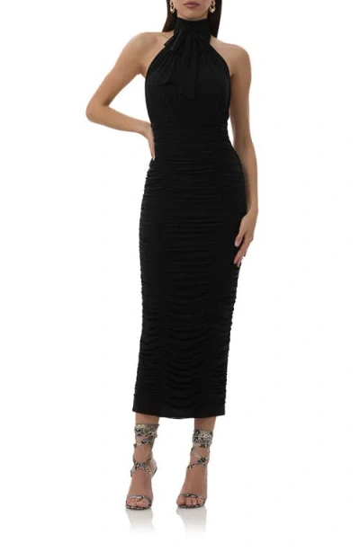 Afrm Nikita Ruched Halter Neck Mesh Dress In Noir