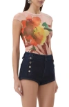 Afrm Nina Print Cap Sleeve Mesh Top In Purple