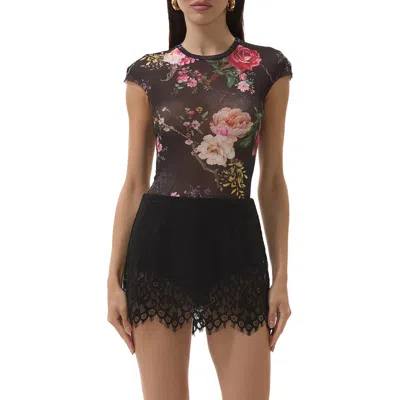 Afrm Nina Print Cap Sleeve Mesh Top In Black