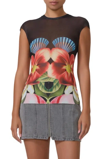 Afrm Nina Print Cap Sleeve Mesh Top In Hibiscus Shell