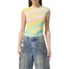 Afrm Nina Print Cap Sleeve Mesh Top In Rainbow Stripe