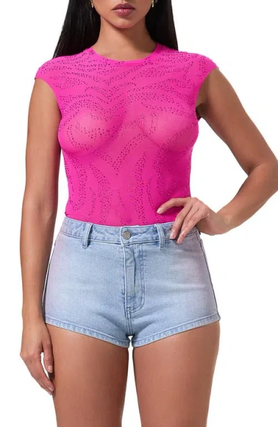 Afrm Nina Rhinestone Zebra Cap Sleeve Mesh Top In Glow Pink