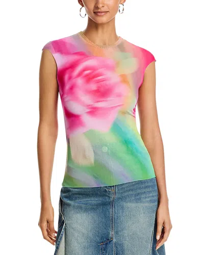 Afrm Nina Print Cap Sleeve Mesh Top In Pink