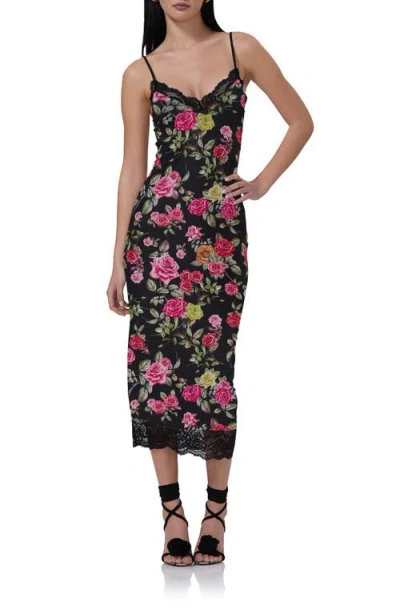 Afrm Nissa Lace Trim Midi Slipdress In Wallpaper Rose