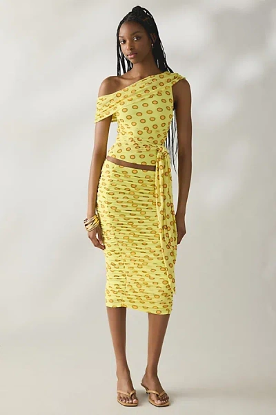 Afrm Noha Deco Dot Mesh Ruched Midi Skirt In Deco Dot, Women's At Urban Outfitters In Yellow