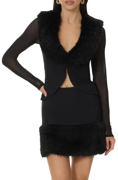 Afrm Nymia Faux Fur Collar Mesh Sleeve Cardigan In Black