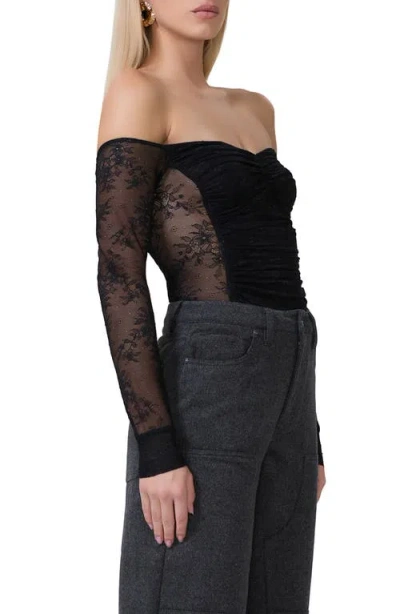 Afrm Odilla Lace Inset Off The Shoulder Top In Noir
