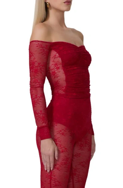 Afrm Odilla Lace Inset Off The Shoulder Top In Poppy Red