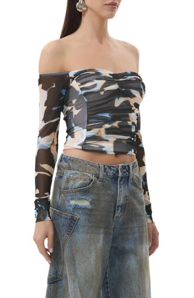 Afrm Odilla Printed Off The Shoulder Mesh Top