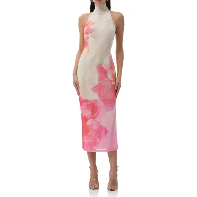 Afrm Olimpia Floral Halter Neck Mesh Dress In Cloud Floral
