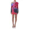 Afrm One-shoulder Long Sleeve Mesh Minidress In Romantic Fleur
