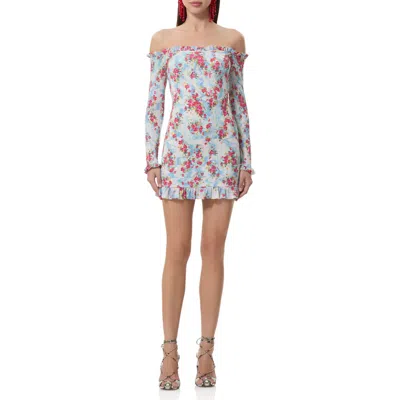 Afrm Peck Floral Off The Shoulder Smocked Long Sleeve Minidress In Blue
