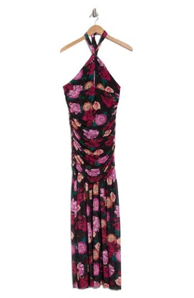 Afrm Piper Floral Twist Front Ruched Body-con Dress In Midnight Rose