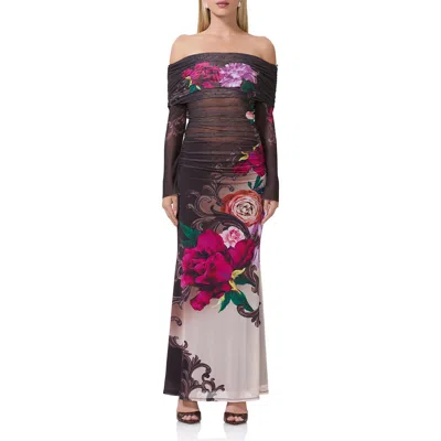Afrm Polly Off The Shoulder Long Sleeve Mesh Maxi Dress In Snake Floral