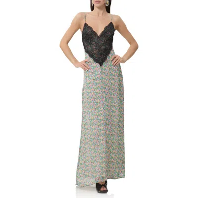 Afrm Prianka Floral Lace Inset Maxi Dress In Gray